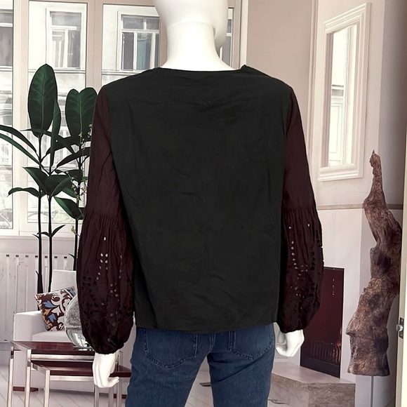 Black Tie Front V Neck Long Sleeves Eyelet Detailing Top. Size M. P63/A2391 - Picture 5 of 5